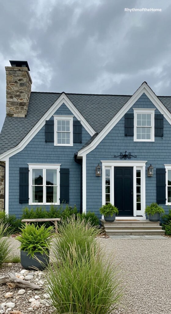 Blue coastal cottage exterior with white trim and shutters