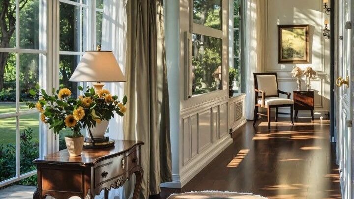 Elegant sunroom hallway with large windows and classic furniture