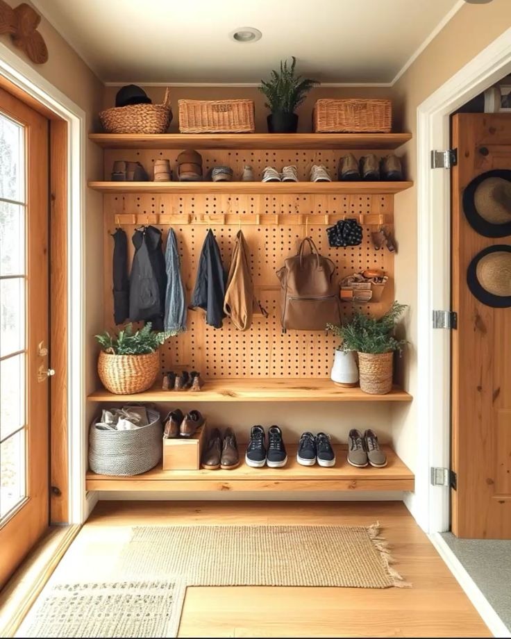 Stylish mudroom entryway with pegboard wall and wooden shelves