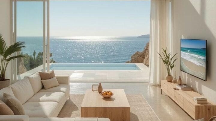 Modern coastal living room with oceanfront view and minimalist decor