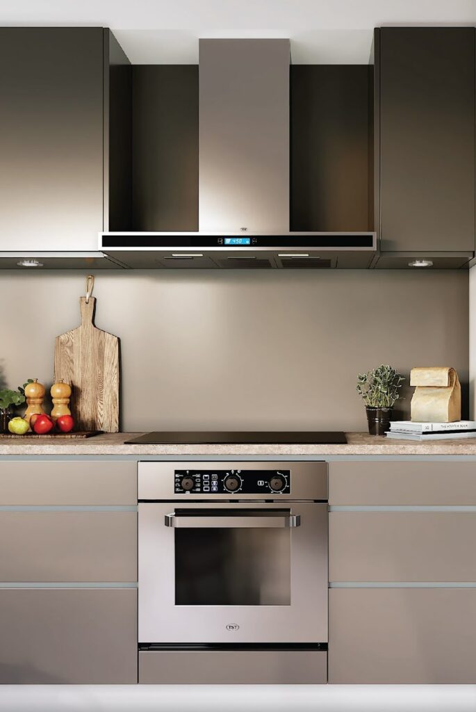 Modern kitchen with stainless steel oven and sleek range hood