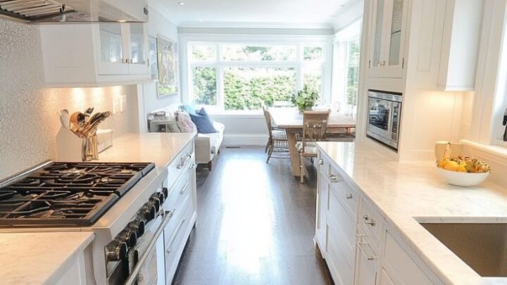 Bright white galley kitchen with marble countertops and dark floors