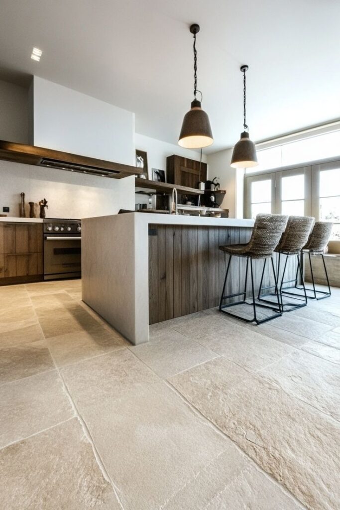 Modern kitchen with large stone tile flooring and island
