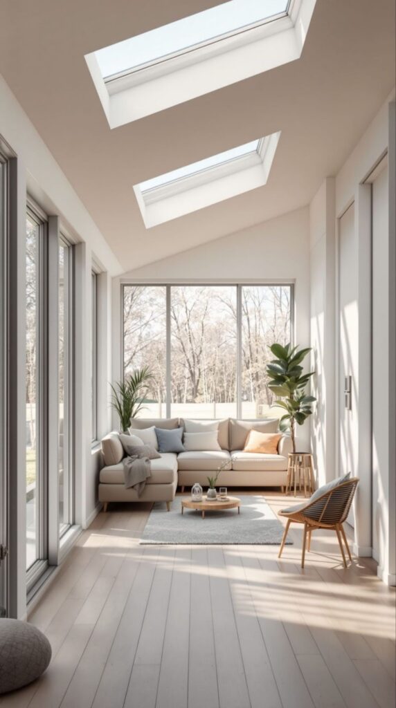Bright sunroom with skylights and neutral sectional sofa