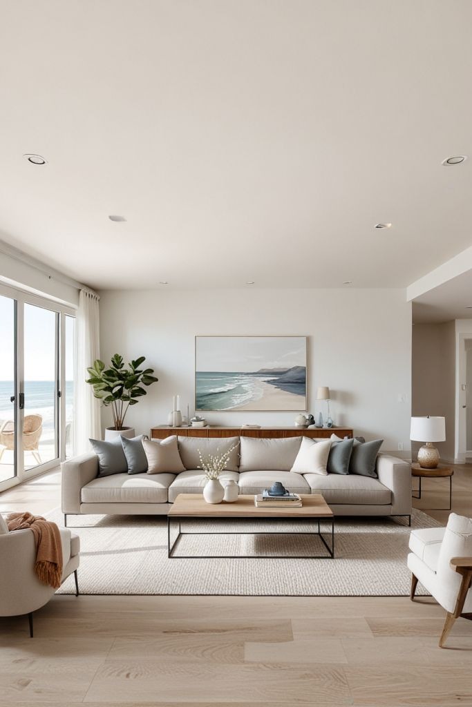 Modern coastal living room with neutral decor and ocean view